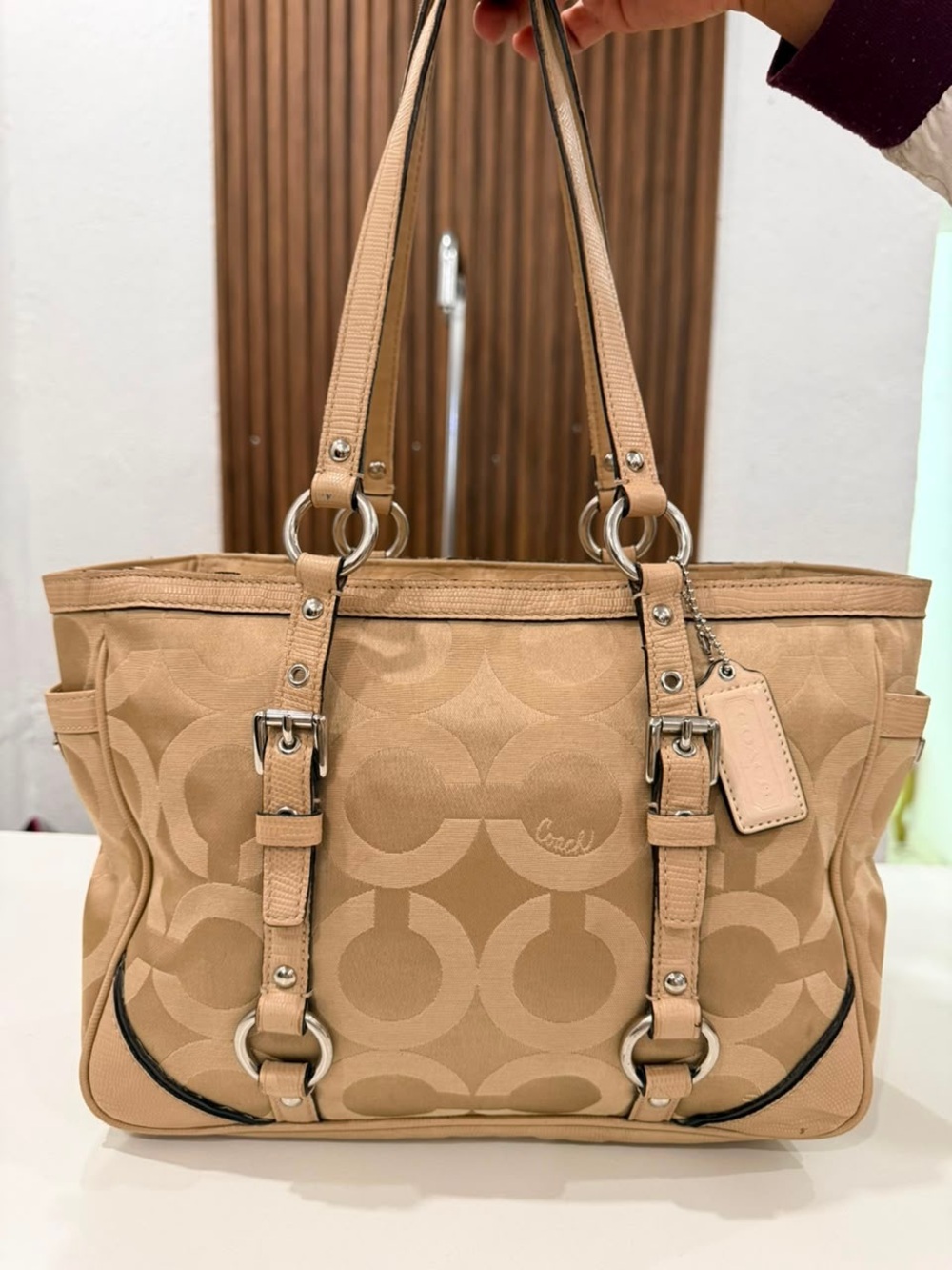 Coach Chelsea Y2K Canvas Leather OP Art Nuetral Tan Tote Shoulder Bag Purse